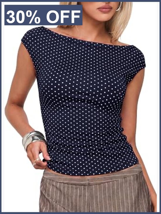 Tops - Off Shoulder Tank Top Ruched Polka Dot Sleeveless Summer Cute Going Out